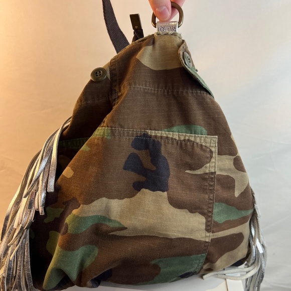 Silver Fringed Leather with Camo Fabric Hybrid Bag - Picture 4 of 16